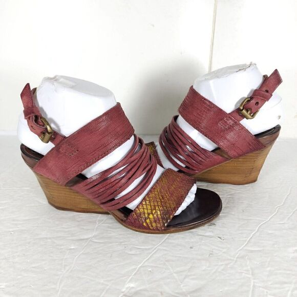 A.S.98 Women's EU37 US6,5 Burgundy Leather Wedge Heels Strappy Slingback Sandal - Picture 9 of 15
